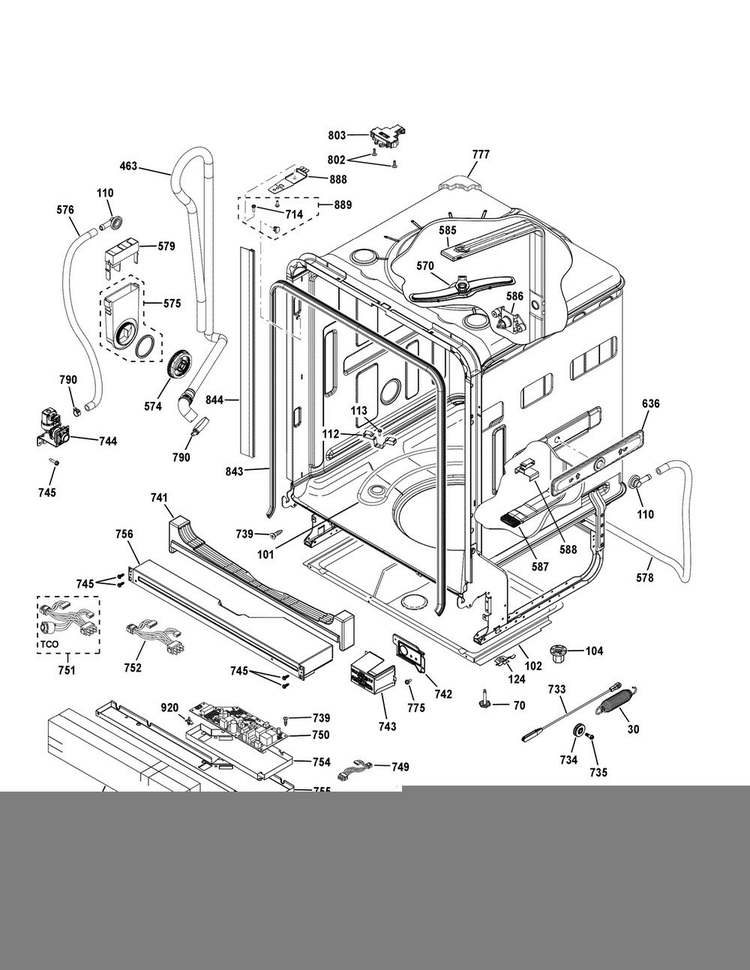 Body Parts Diagram and Parts List for PDT720SGH5WW  General Electric Dishwasher