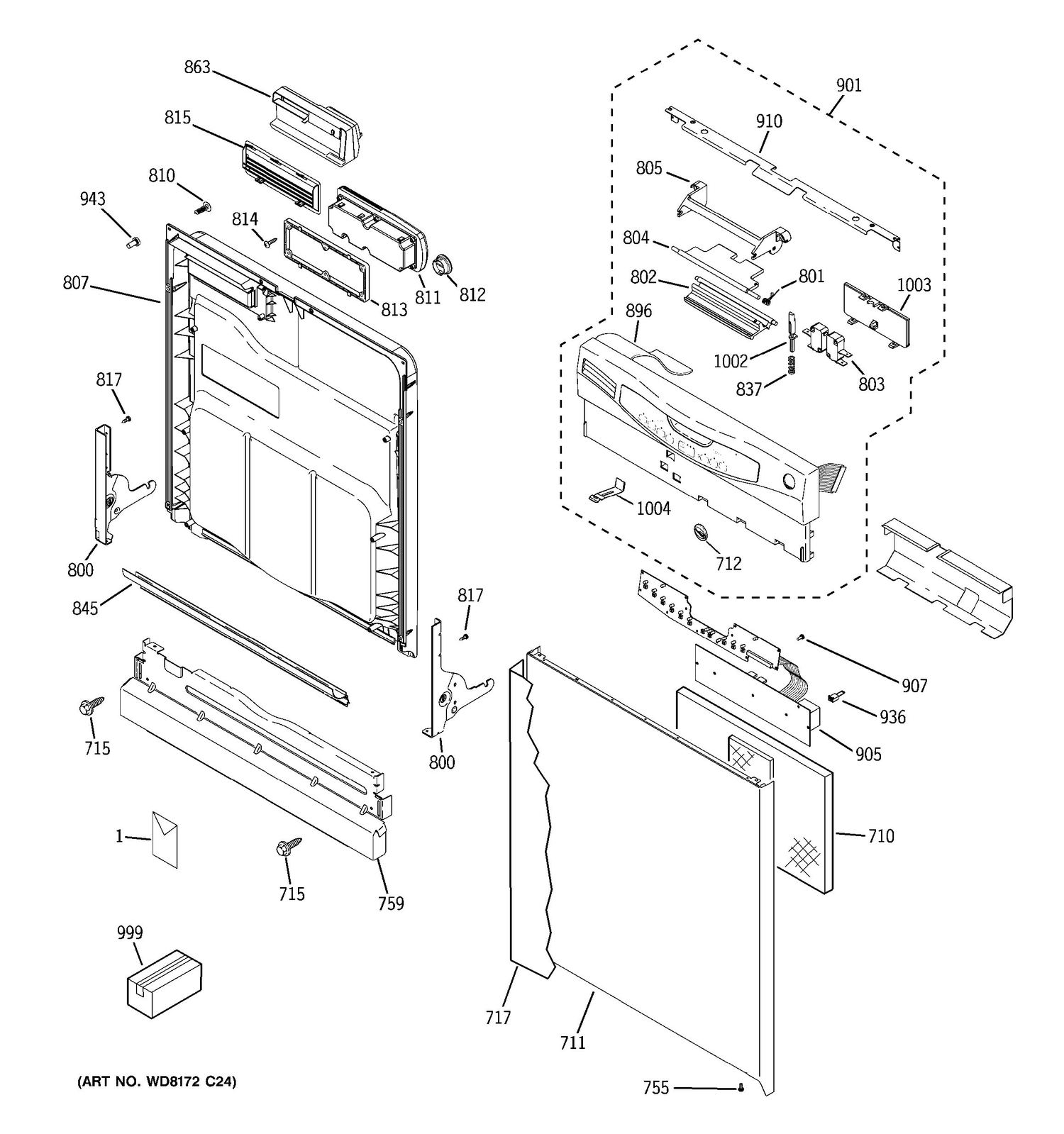 ESCUTCHEON & DOOR ASSEMBLY Diagram and Parts List for 4070810  General Electric Dishwasher