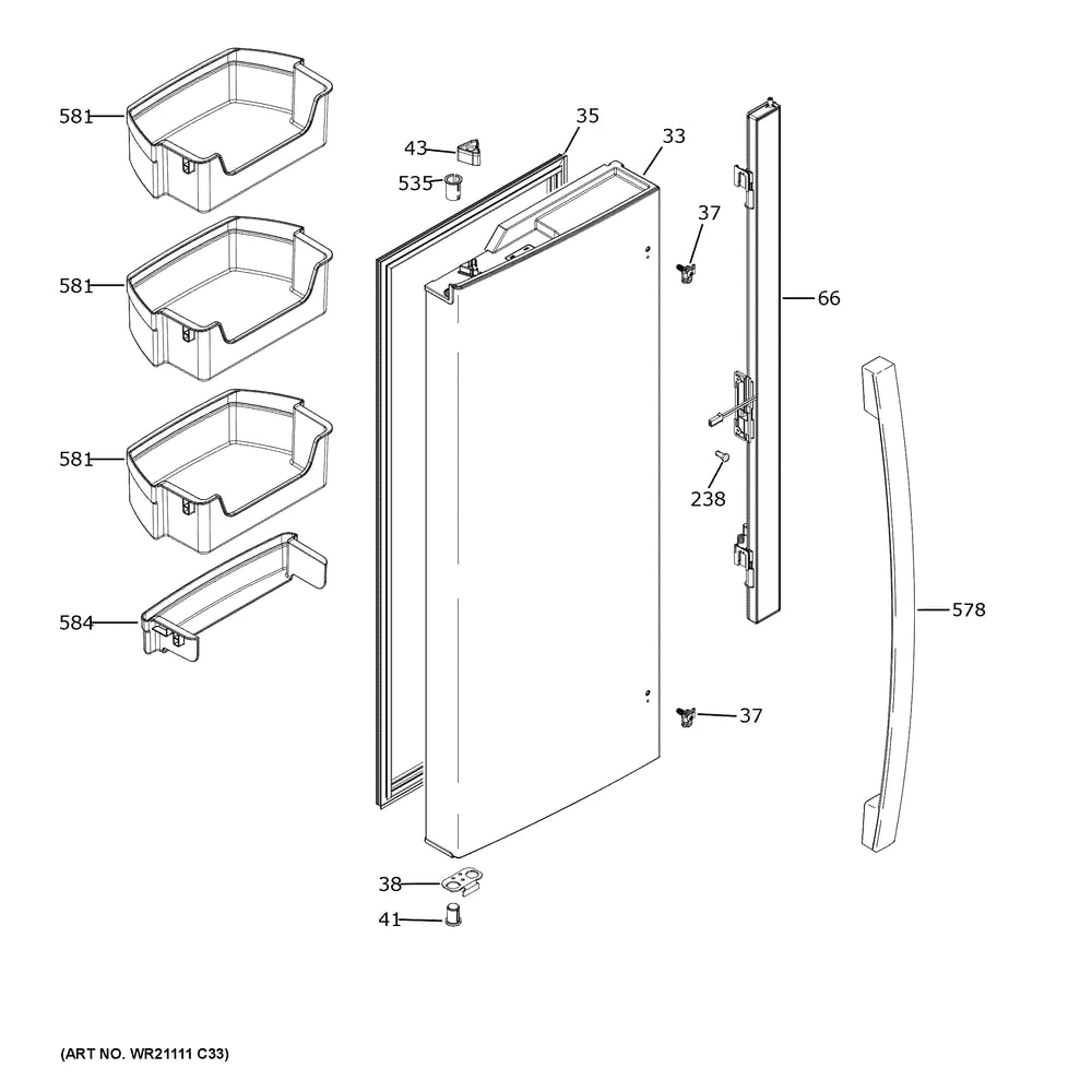 Fresh Food Door - Lh Diagram and Parts List for GNE27JGMZFBB  General Electric Refrigerator
