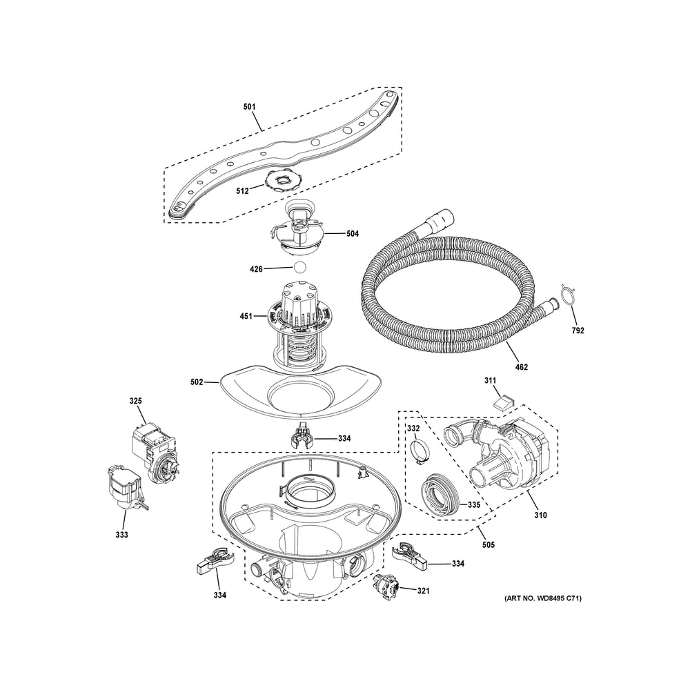 Motor, Sump And Filter Assembly Diagram and Parts List for PDT705SYW3FS  General Electric Dishwasher
