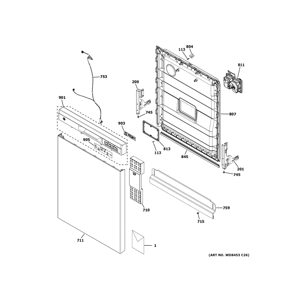Escutcheon And Door Assembly Diagram and Parts List for GDF535PGR7WW  General Electric Dishwasher