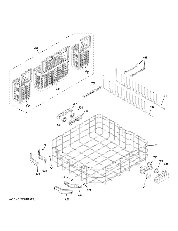 Lower Rack Assembly Diagram and Parts List for GDT590SMJ7ES  General Electric Dishwasher