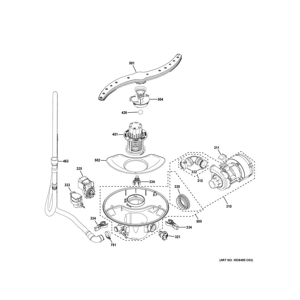 Motor, Sump And Filter Assembly Diagram and Parts List for GDT585HYY0FS  General Electric Dishwasher