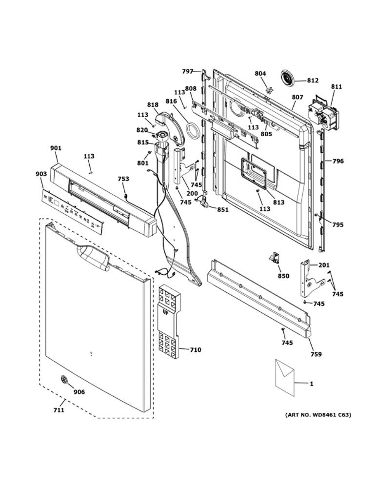 Escutcheon And Door Assembly Diagram and Parts List for GDF645SSN5SS  General Electric Dishwasher