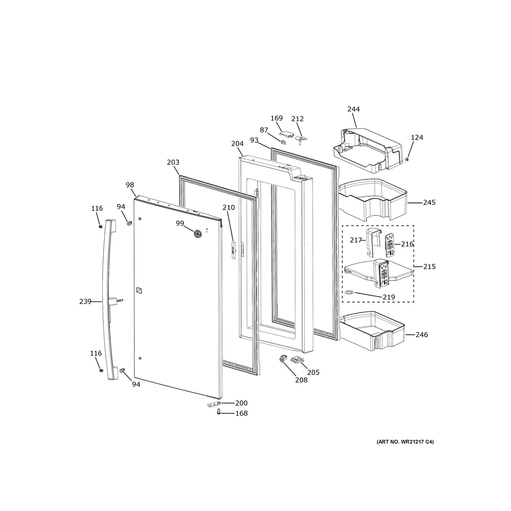 Refrigerator Door - Rh Diagram and Parts List for PHD23BYWBFS  General Electric Refrigerator
