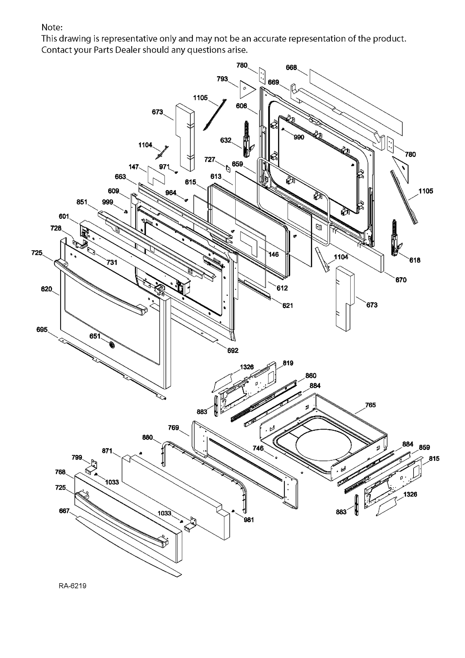 DOOR AND DRAWER PARTS Diagram and Parts List for PC2S920EEJ1ES  General Electric Range