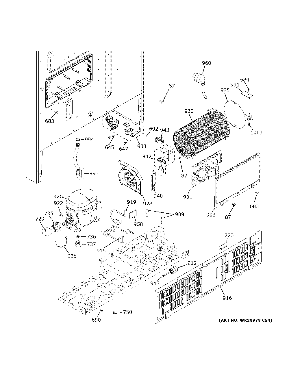 Machine compartment Diagram and Parts List for GWE23GENDDS  General Electric Refrigerator