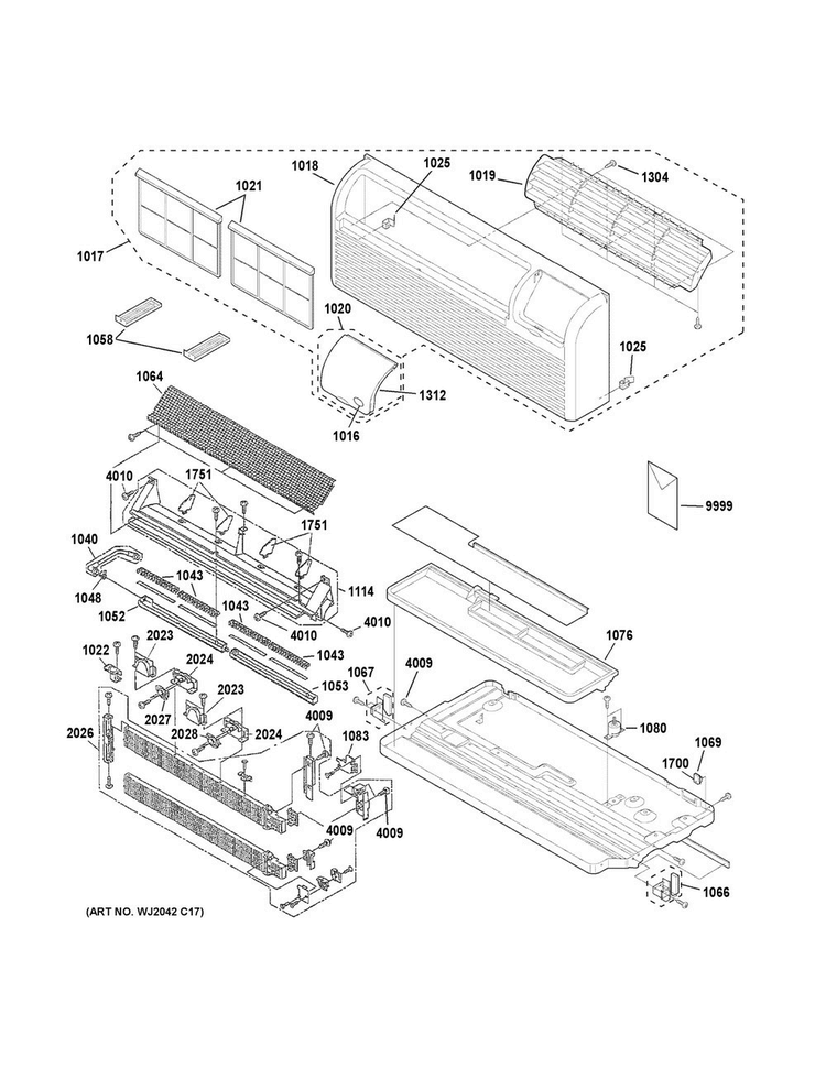 Grille, Heater & Base Pan Parts Diagram and Parts List for AZ61H12EADW2  General Electric Air Conditioner