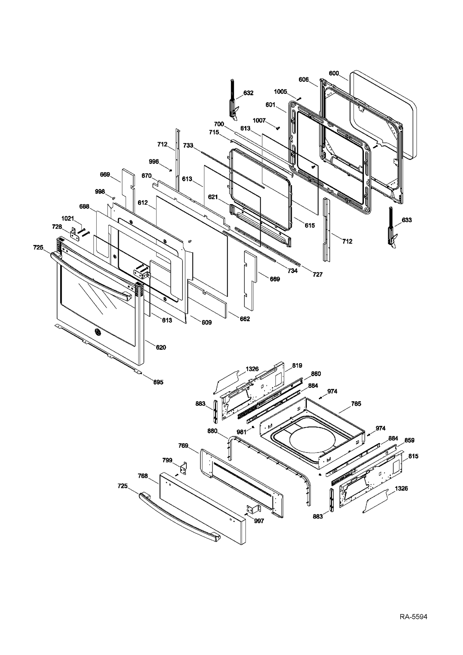 DOOR & DRAWER Diagram and Parts List for PCB940DF1WW  General Electric Range