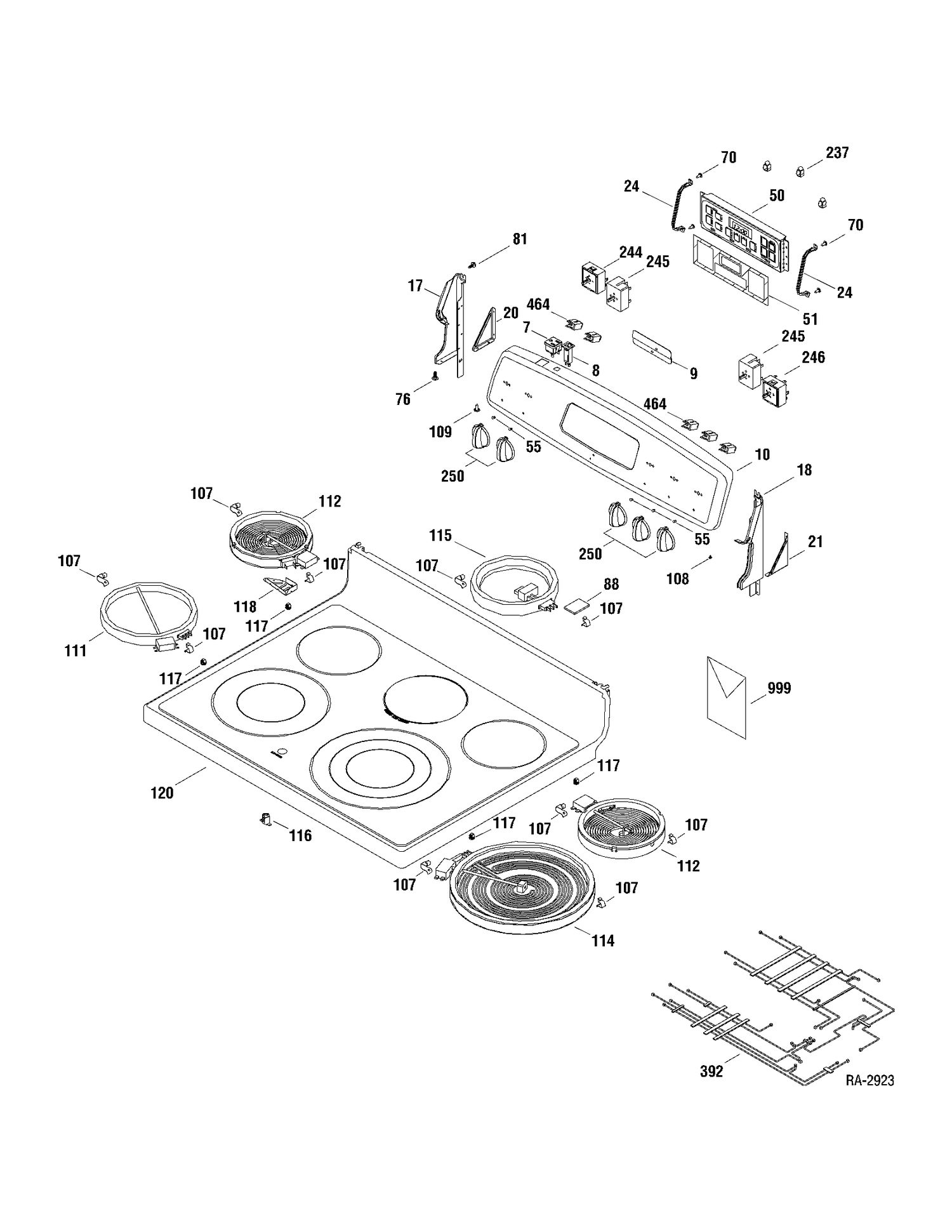 CONTROLS & COOKTOP Diagram and Parts List for JCBP83HP1WW  General Electric Range