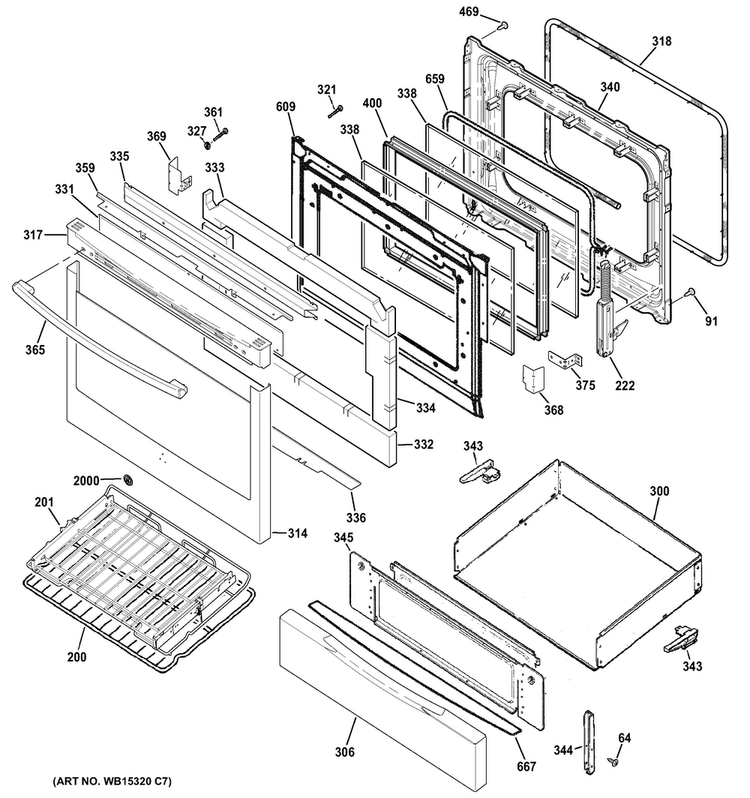 Door & Drawer Parts Diagram and Parts List for PGB920SEF3SS  General Electric Range