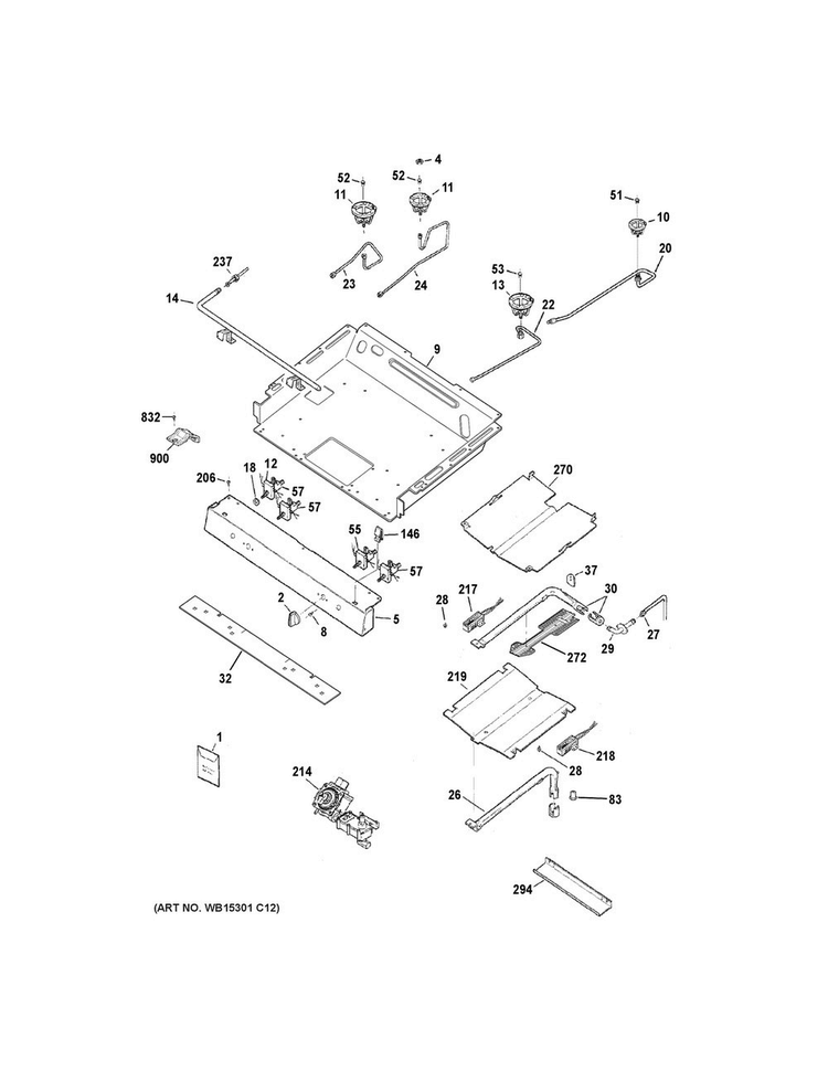 Gas & Burner Parts Diagram and Parts List for JGB620GEF1SA  General Electric Range