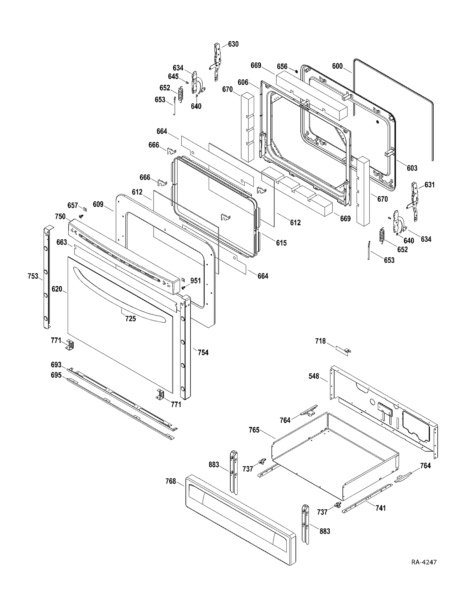 DOOR-DRAWER Diagram and Parts List for JCGB600DET1WW  General Electric Range