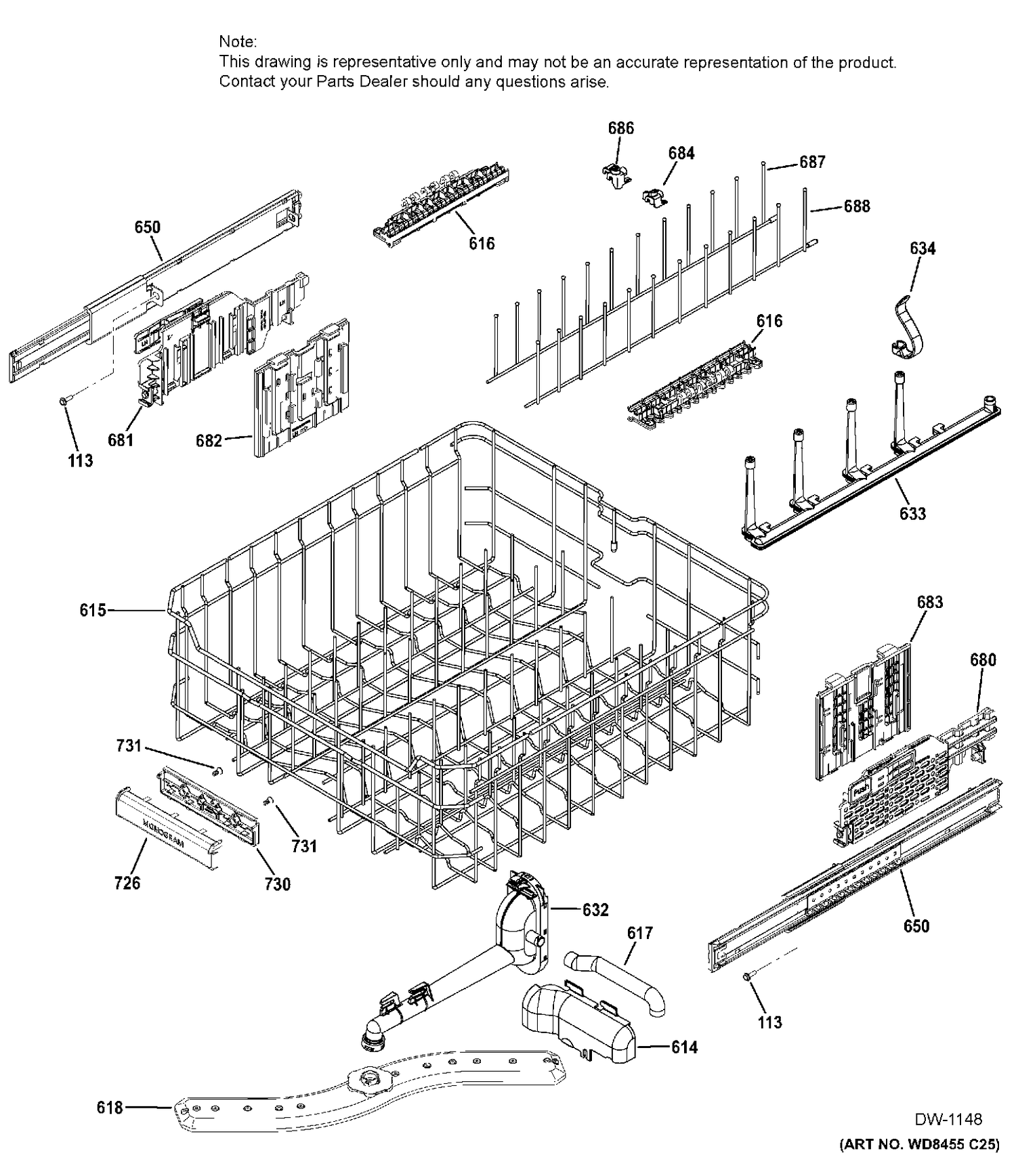 UPPER RACK ASSEMBLY Diagram and Parts List for ZDT975SSJ0SS  General Electric Dishwasher