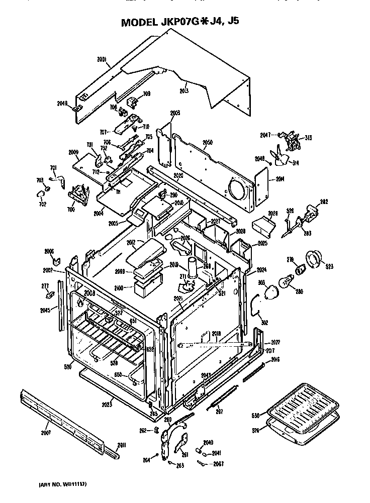 Oven Diagram and Parts List for JKP07GJ4  General Electric Wall Oven