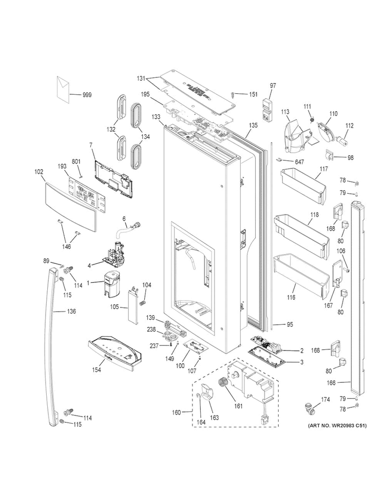 Dispenser Door Diagram and Parts List for PFE28PSKBSS  General Electric Refrigerator