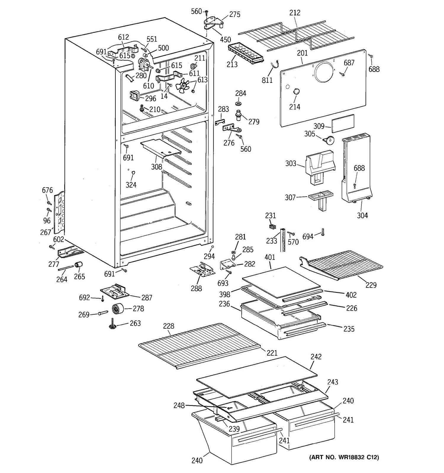 CABINET Diagram and Parts List for 38341FBMERWW  General Electric Refrigerator