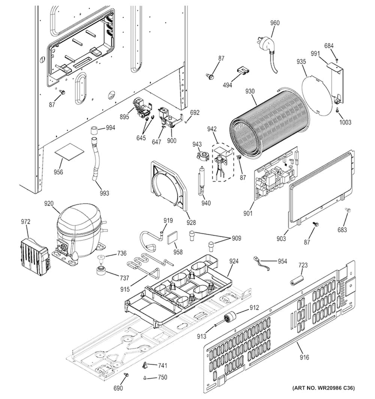 Machine Compartment Diagram and Parts List for PFE28RSHESS  General Electric Refrigerator