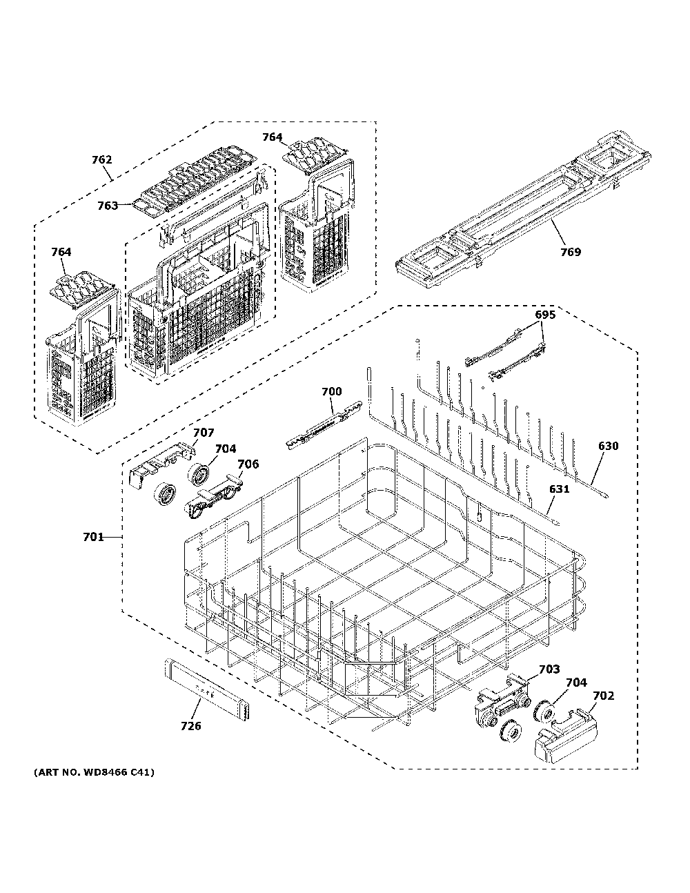 Lower rack assembly Diagram and Parts List for CDT845M5N2S5  General Electric Dishwasher