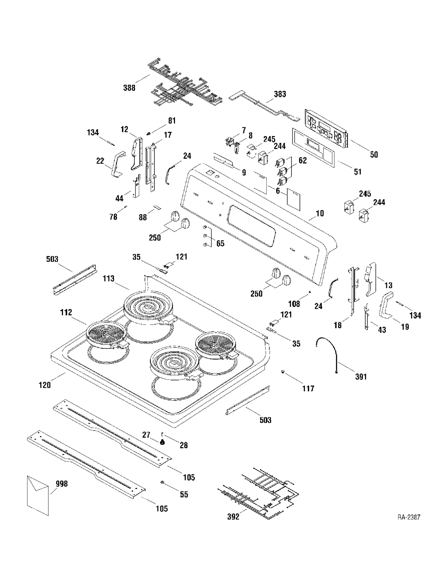 CONTROLS & COOKTOP Diagram and Parts List for RCBS787WJ4WW  General Electric Range