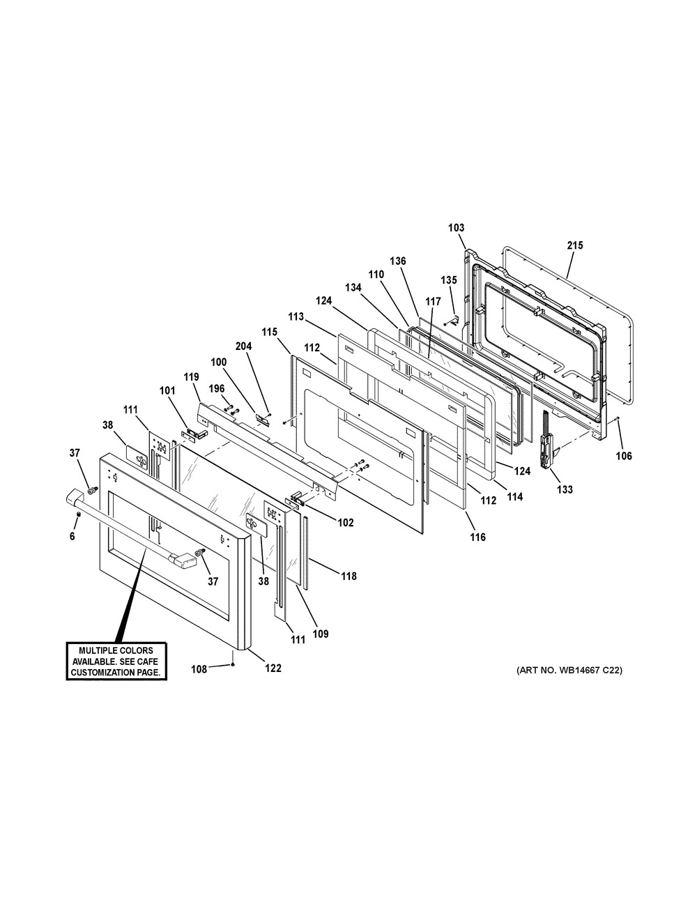 Door Diagram and Parts List for CGY366P2M1S1  General Electric Range