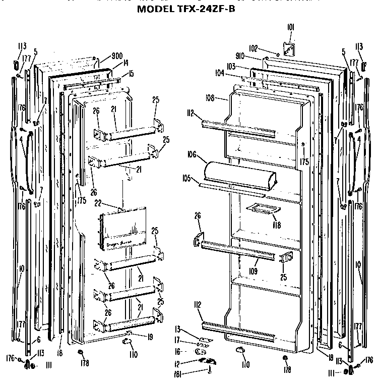 Doors Diagram and Parts List for TFX24ZFB  General Electric Refrigerator