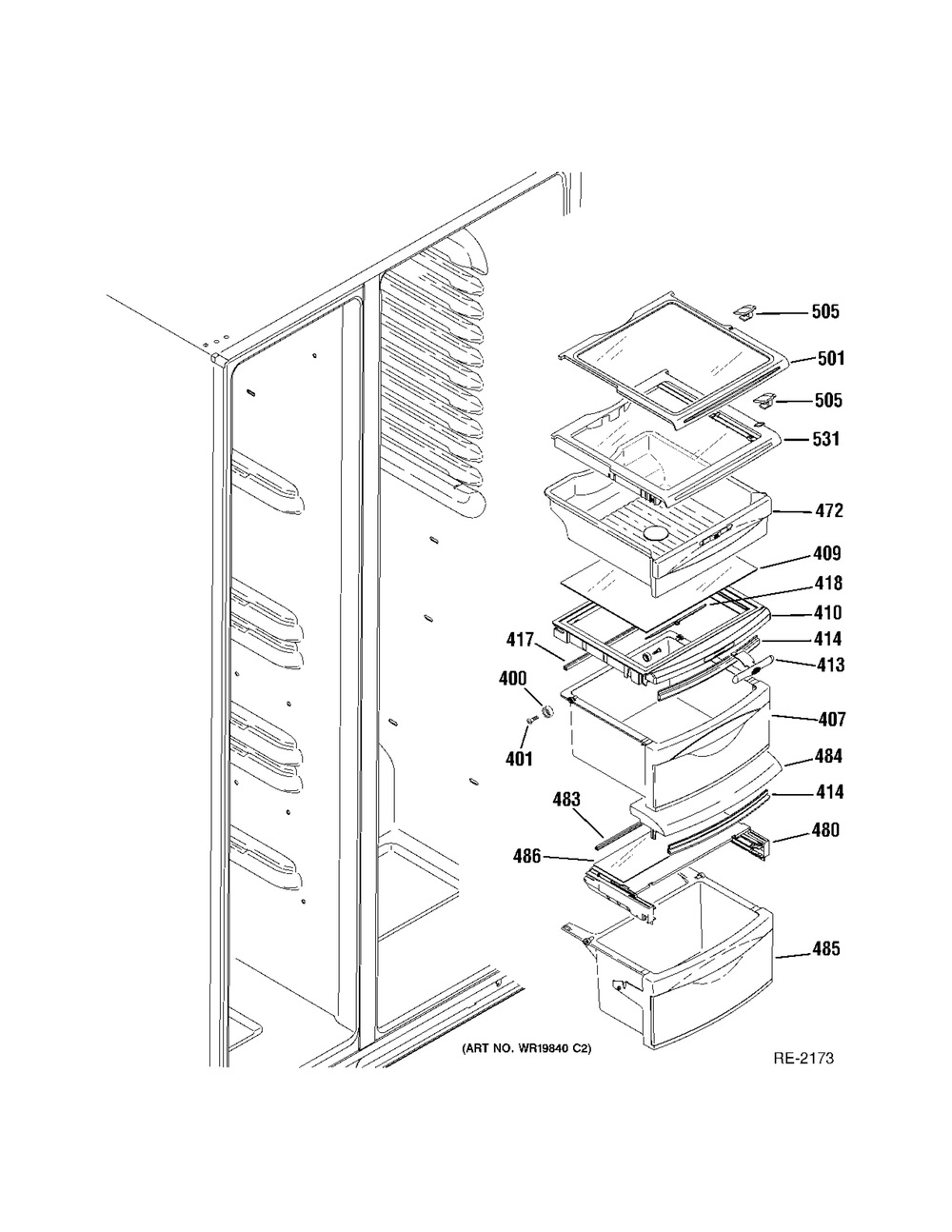 Refrigerator Shelves Diagram and Parts List for GTMP520ED4WW  General Electric Dryer