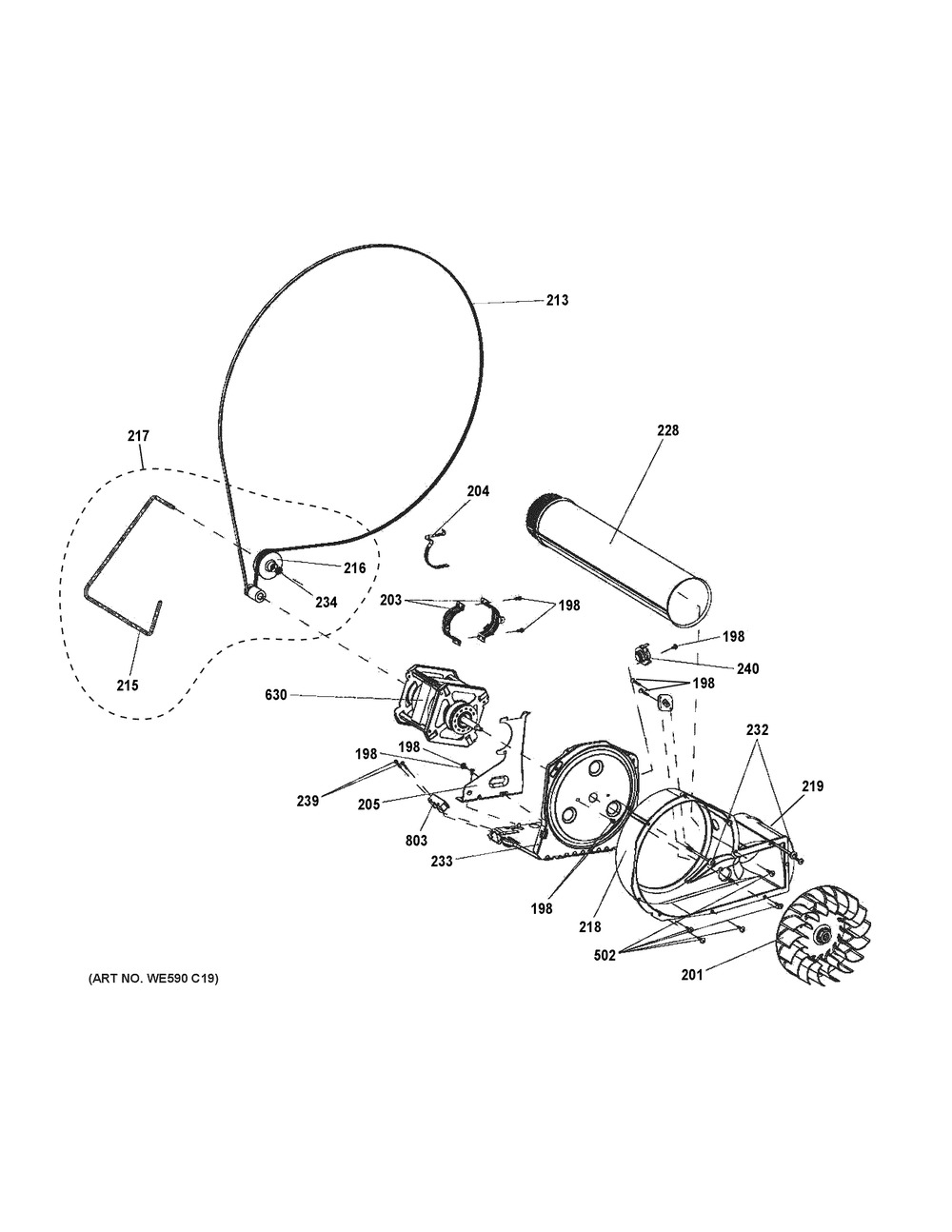 Blower & Motor Diagram and Parts List for GFD45ESSM1WW  General Electric Dryer