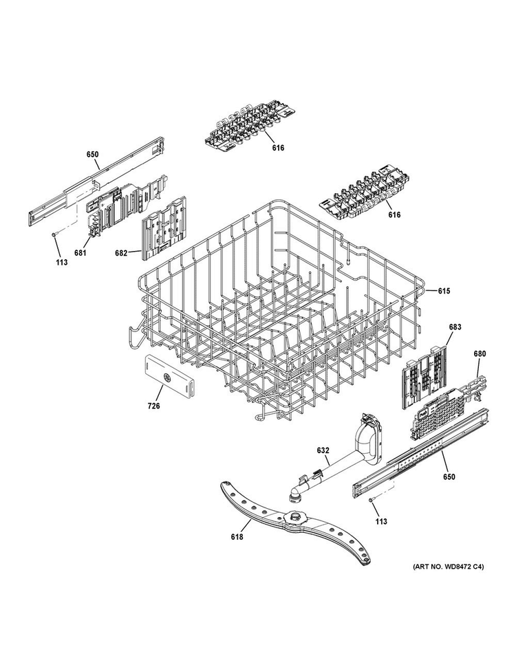 Upper Rack Assembly Diagram and Parts List for GDT580SGF2WW  General Electric Dishwasher