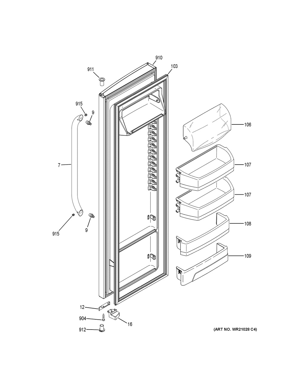 Fresh Food Door Diagram and Parts List for GSS25CGHKCWW  General Electric Refrigerator