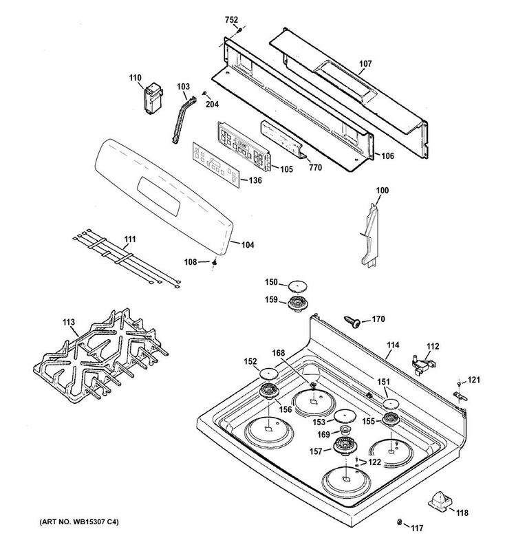 Control Panel & Cooktop Diagram and Parts List for JGB640SEF1SS  General Electric Range