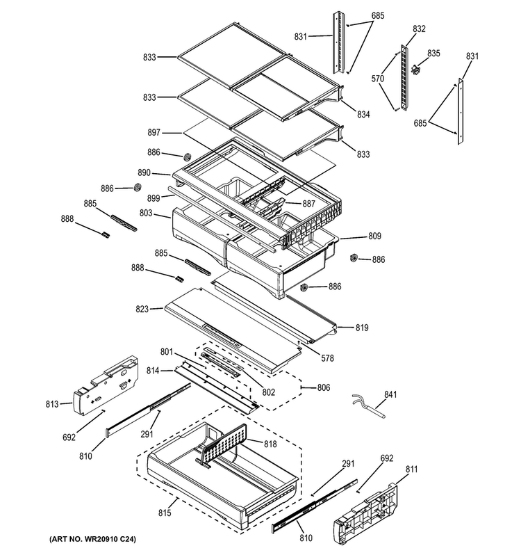 Fresh Food Shelves Diagram and Parts List for GFE28HGHBBB  General Electric Refrigerator