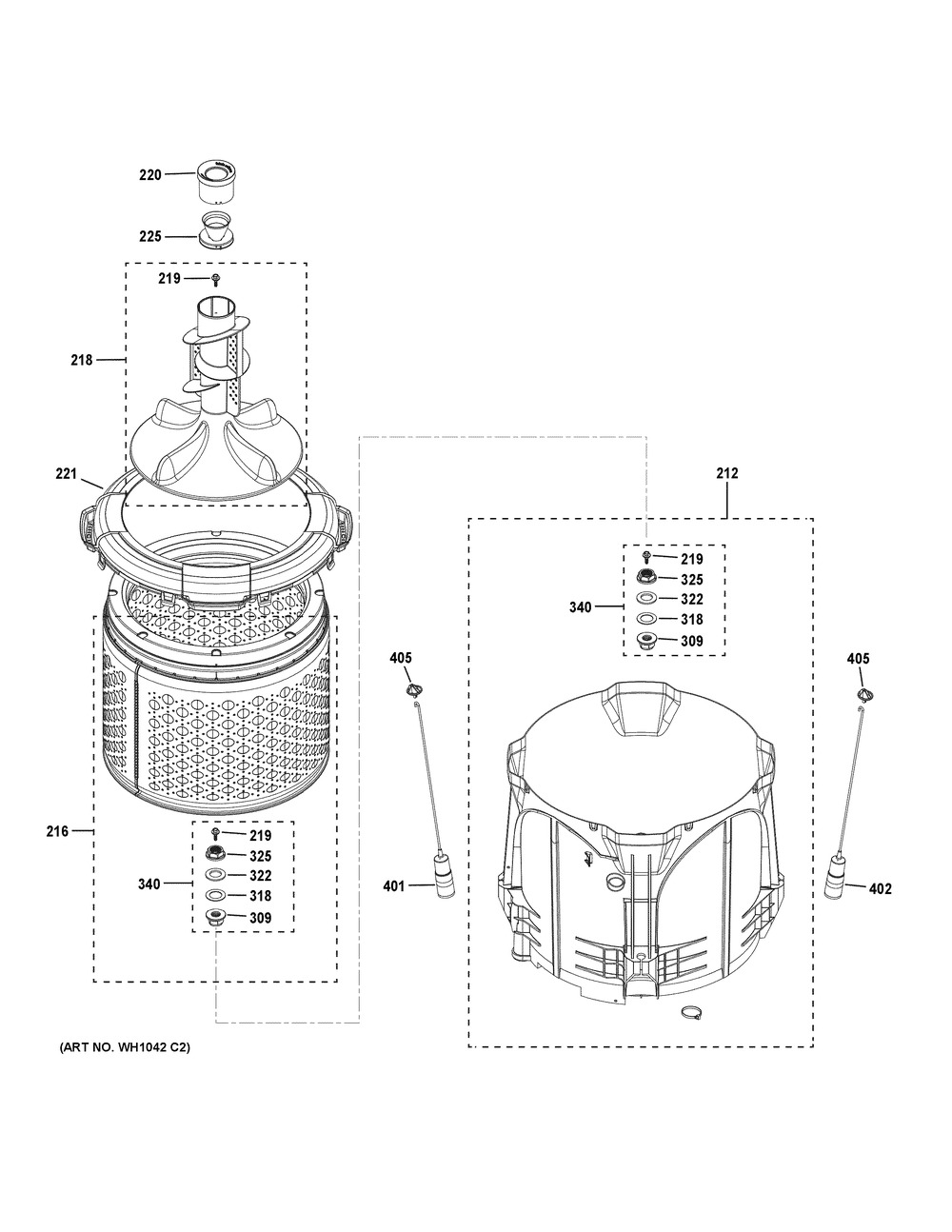 Tub & Basket Assembly Diagram and Parts List for XUD27GSSM1WW  General Electric Washer Dryer Combo