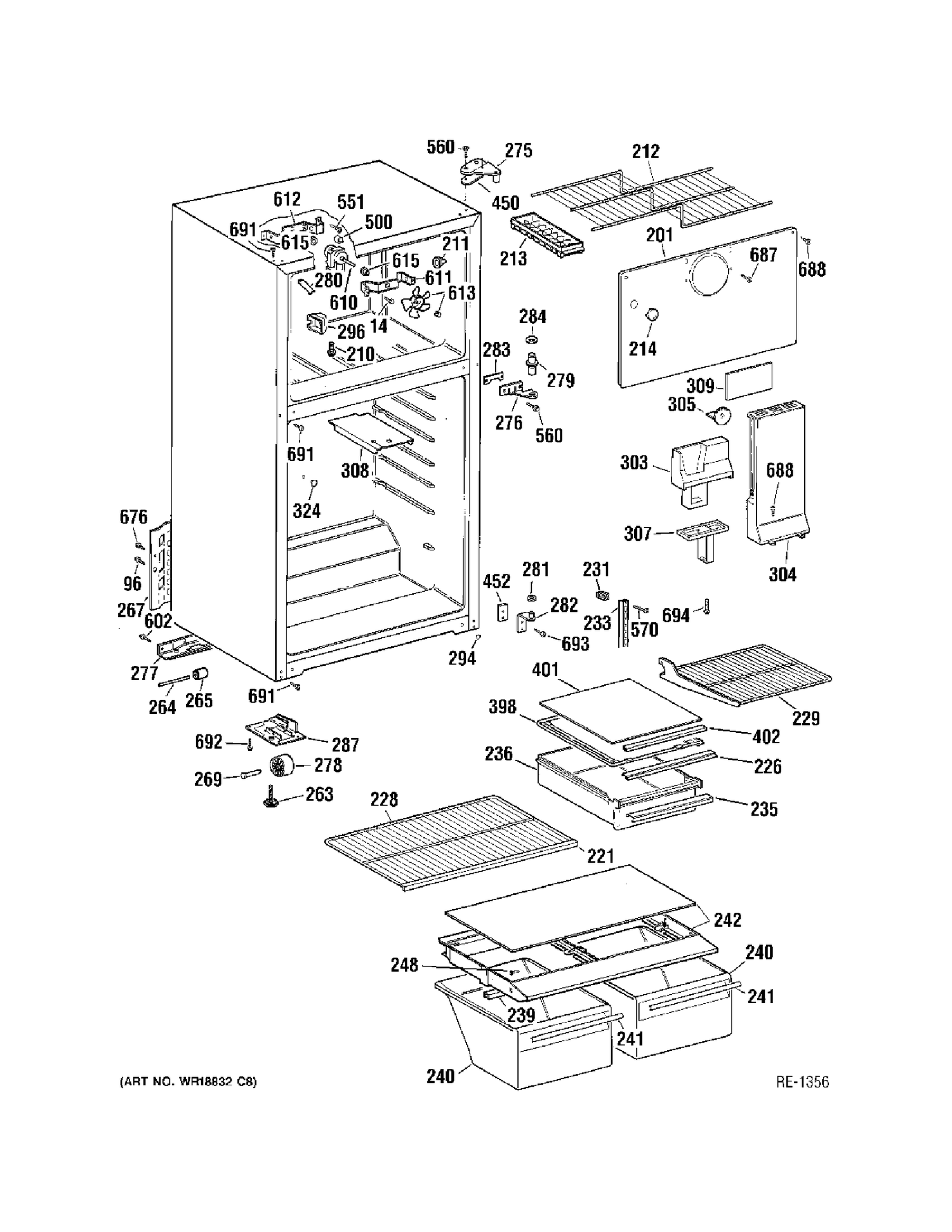 CABINET Diagram and Parts List for 38341FBMFRWW  General Electric Refrigerator