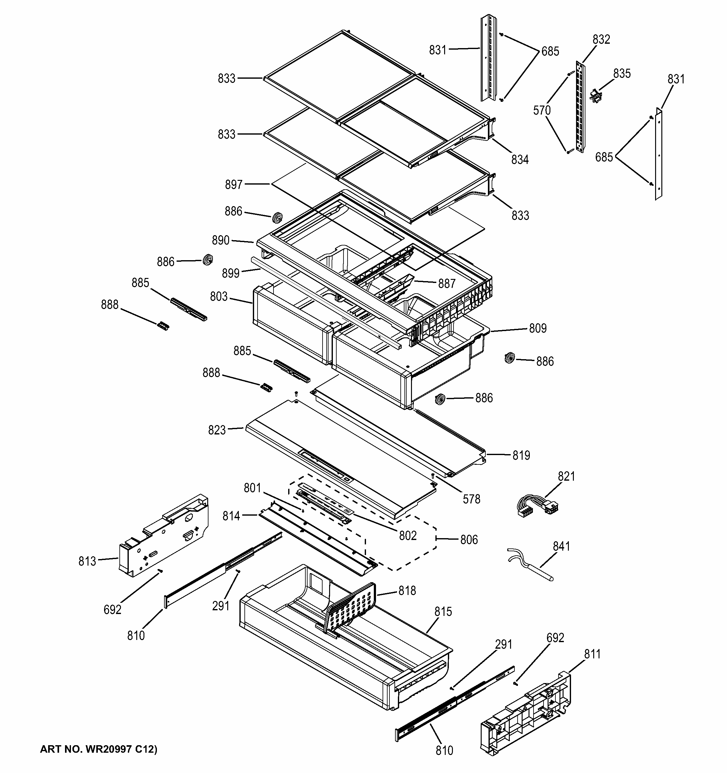 Fresh Food Shelves Diagram and Parts List for CFE28TSHCSS  General Electric Refrigerator