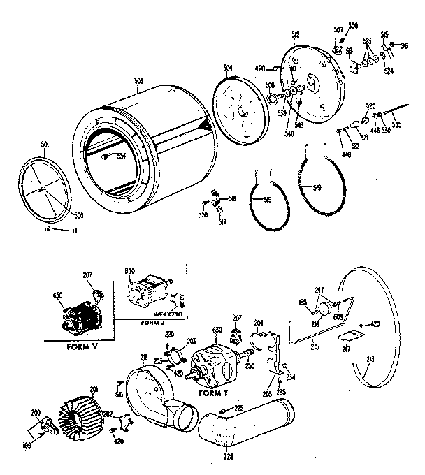 Drum, Heater, Blower & Drive Assembly Diagram and Parts List for DDE058DGAL  General Electric Dryer