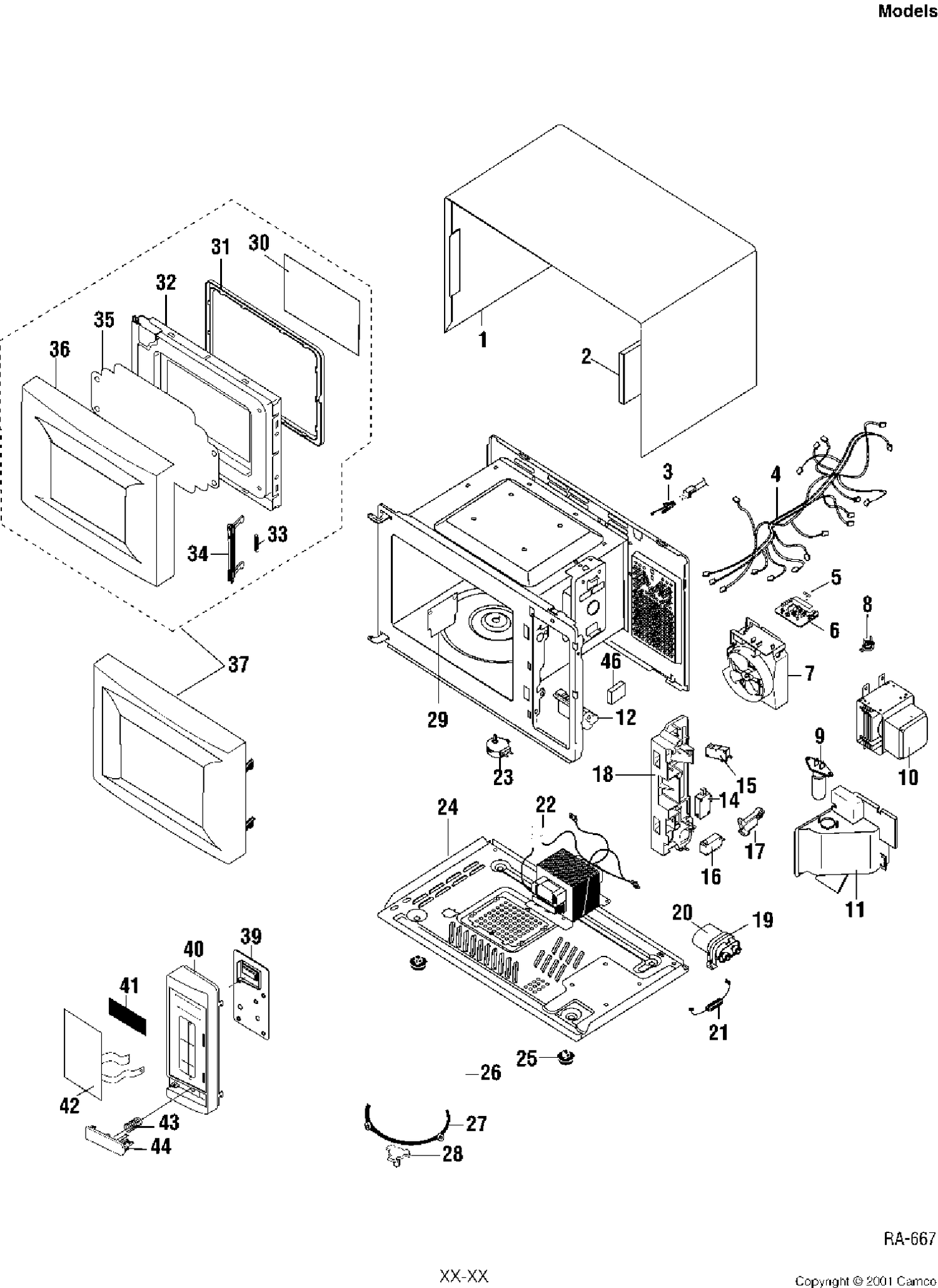 TOTAL ASSEMBLY Diagram and Parts List for JE1045WBC001  General Electric Microwave