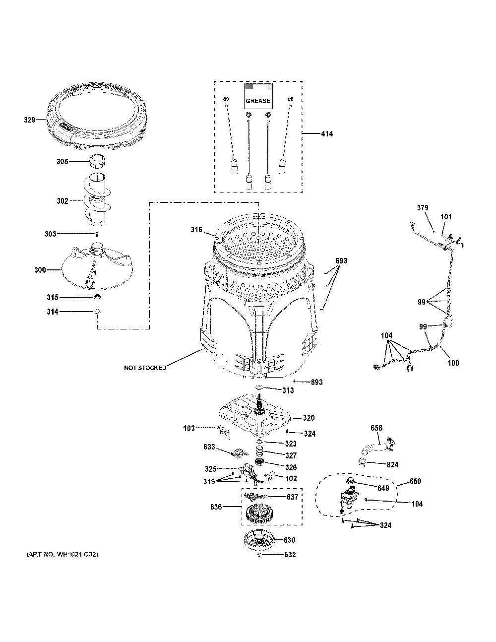 Tub And Motor Diagram and Parts List for GTW725BPN1DG  General Electric Washer
