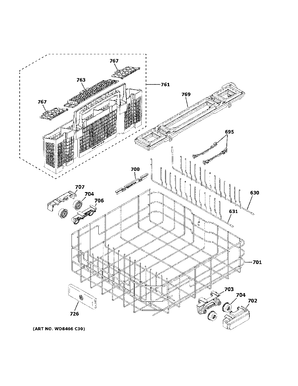 Lower rack assembly Diagram and Parts List for DDT700SBN2TS  General Electric Dishwasher
