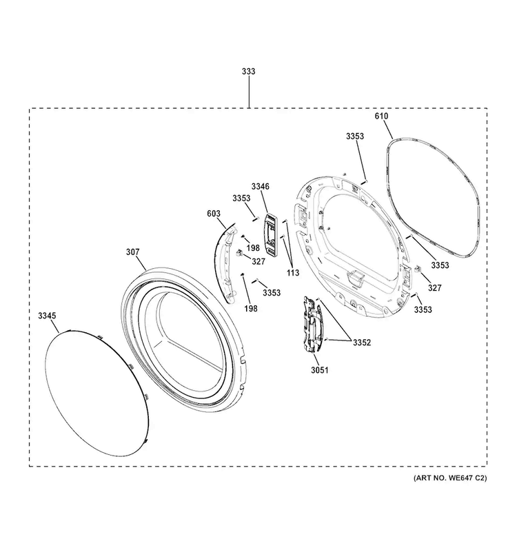 Door Diagram and Parts List for GFD45ESSK0WW  General Electric Dryer