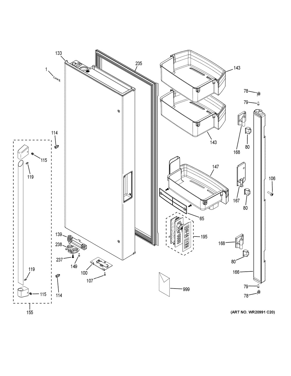 Fresh Food Door - Lh Diagram and Parts List for CWE23SSHPSS  General Electric Refrigerator