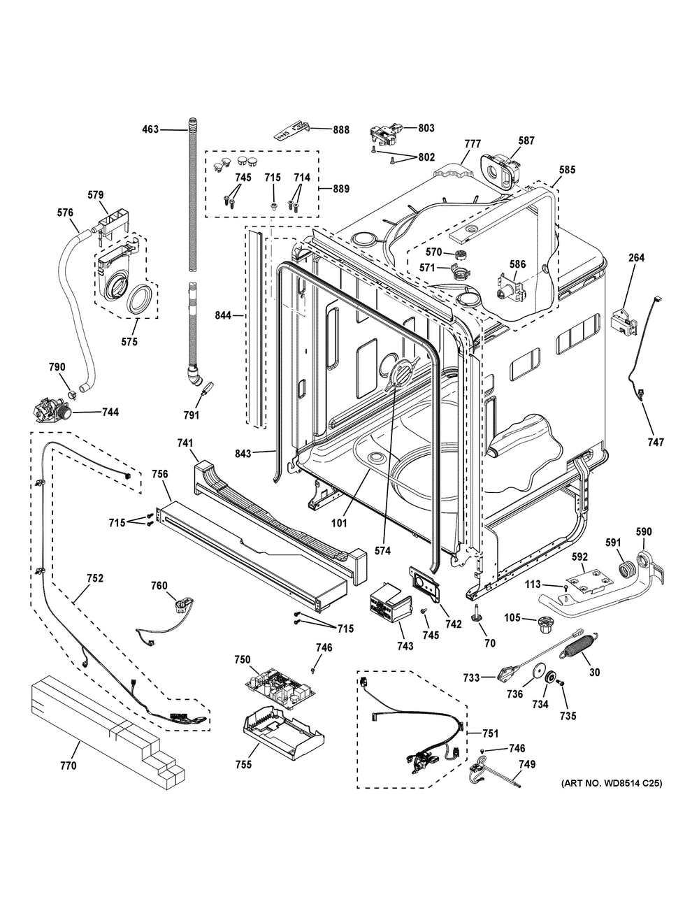 Body Parts (1) Diagram and Parts List for CDT858P4V3W2  General Electric Dishwasher