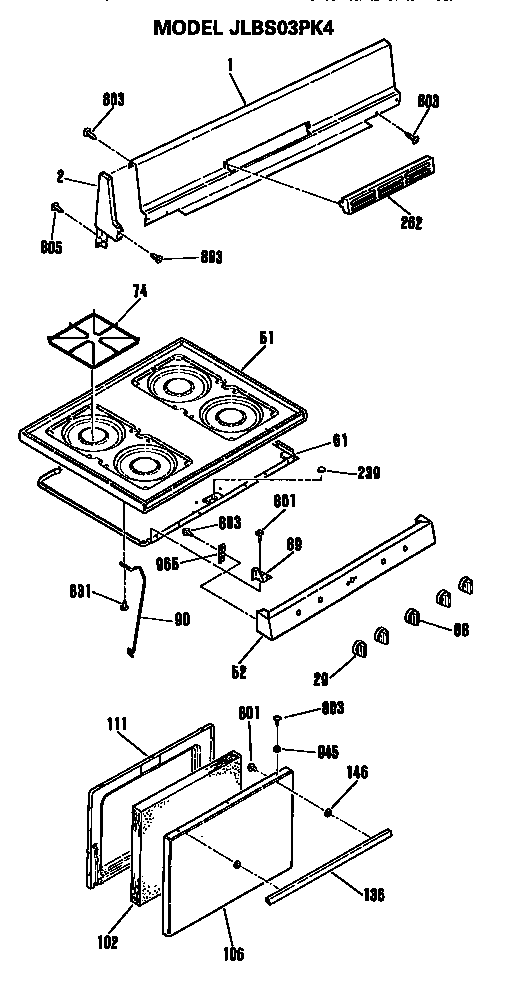 Backsplash/cooktop/door Assembly Diagram and Parts List for JLBS03PK4  General Electric Range