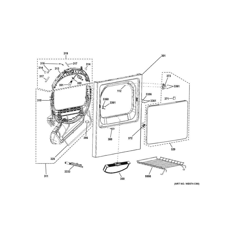 Front Panel And Door Diagram and Parts List for 5TX62E9ST1WS  General Electric Dryer