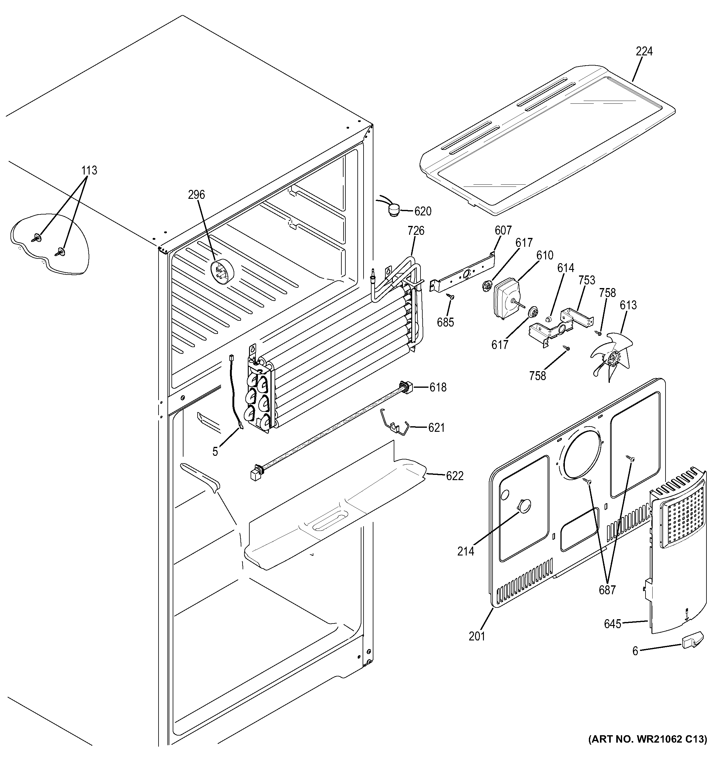 Freezer Section Diagram and Parts List for GAS18PGJFRWW  General Electric Refrigerator