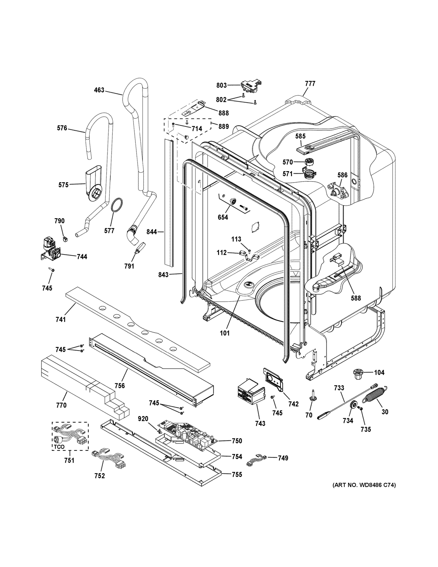 BODY PARTS Diagram and Parts List for GDT545PGJ4BB  General Electric Dishwasher