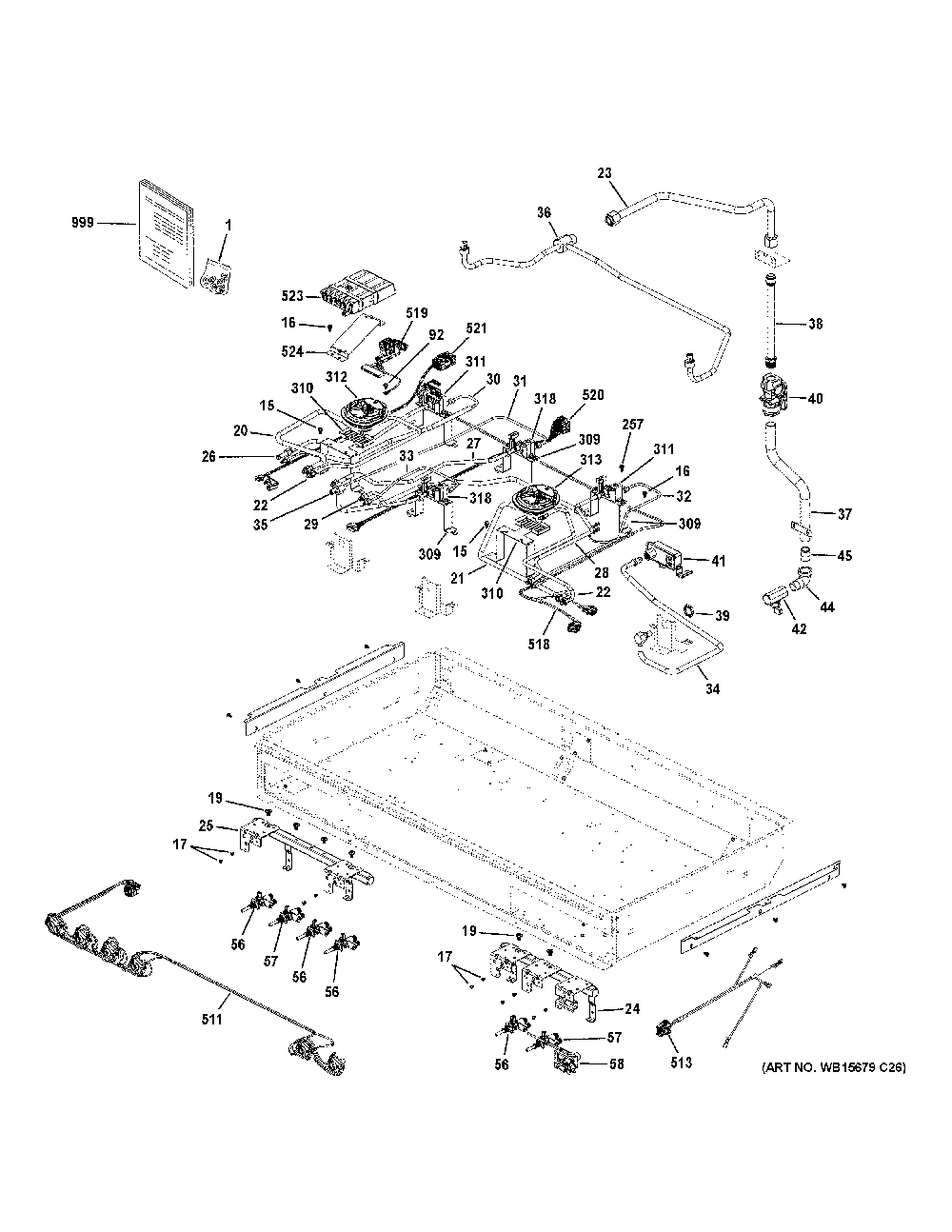 Gas And Burner Parts Diagram and Parts List for ZDP486NDT1SS  General Electric Range