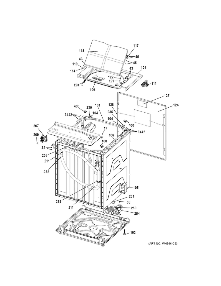 Cabinet Diagram and Parts List for GUD27ESSJ0WW  General Electric Washer Dryer Combo