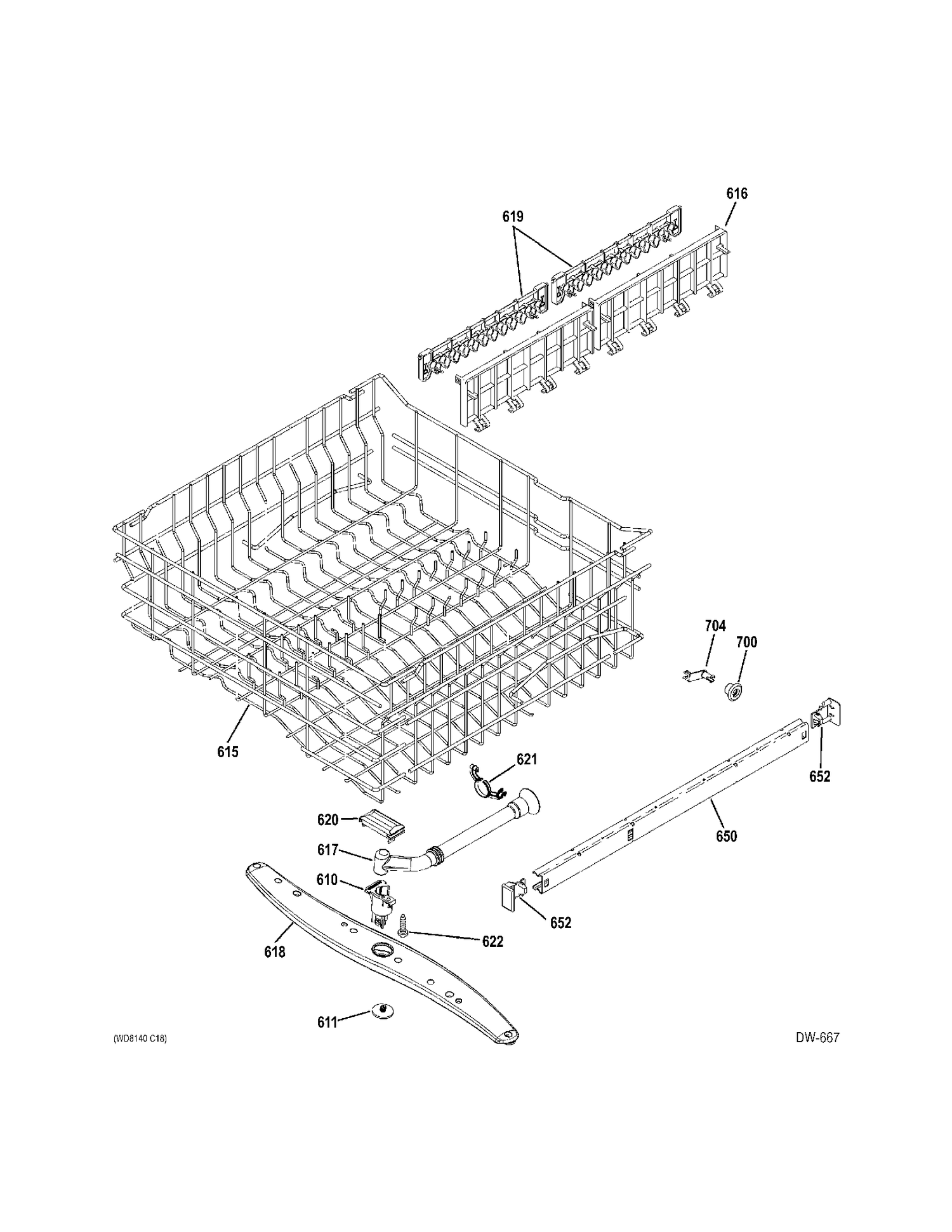 UPPER RACK Diagram and Parts List for GDWF106V00WW  General Electric Dishwasher