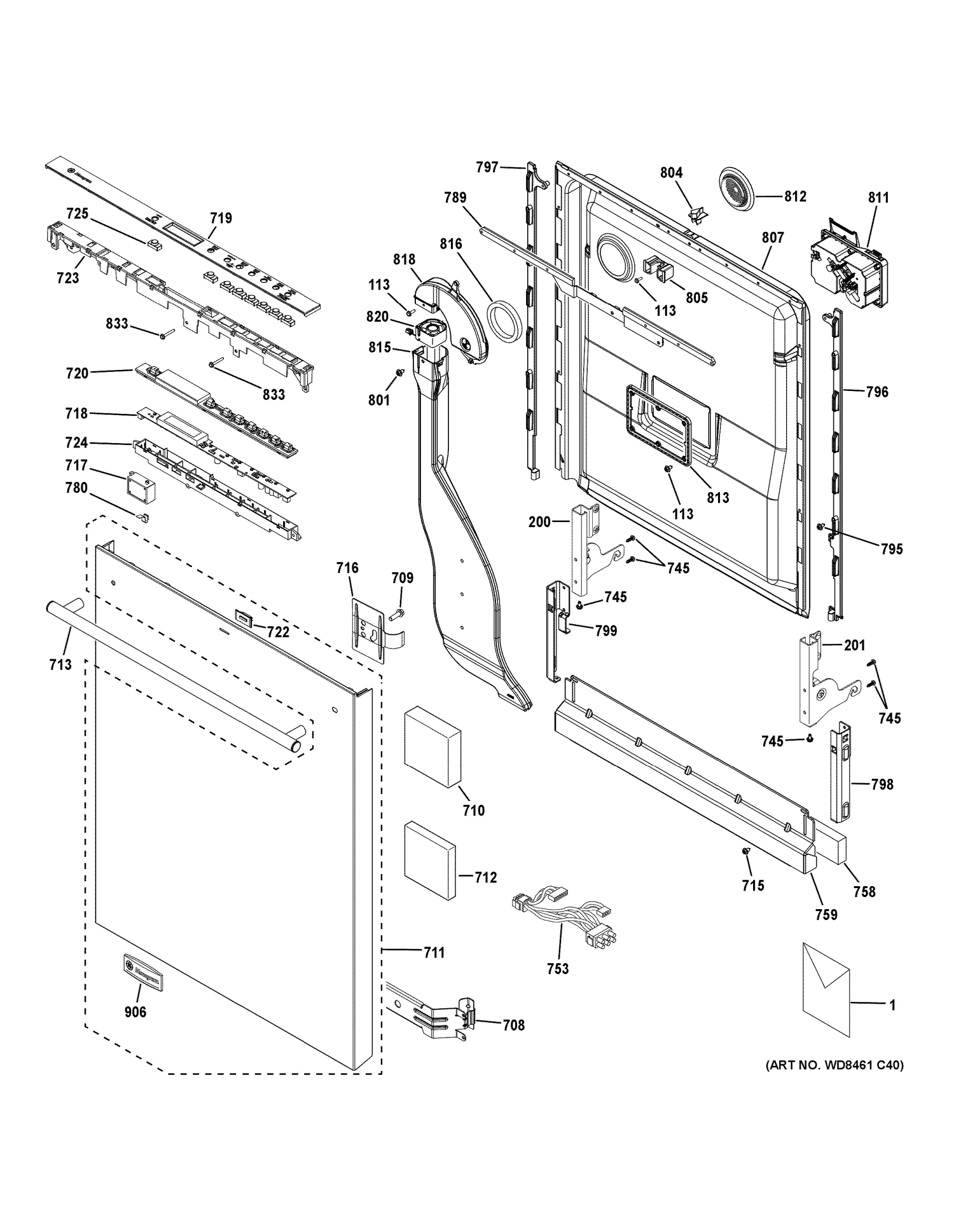 ESCUTCHEON & DOOR ASSEMBLY Diagram and Parts List for ZDT800SSF5SS  General Electric Dishwasher